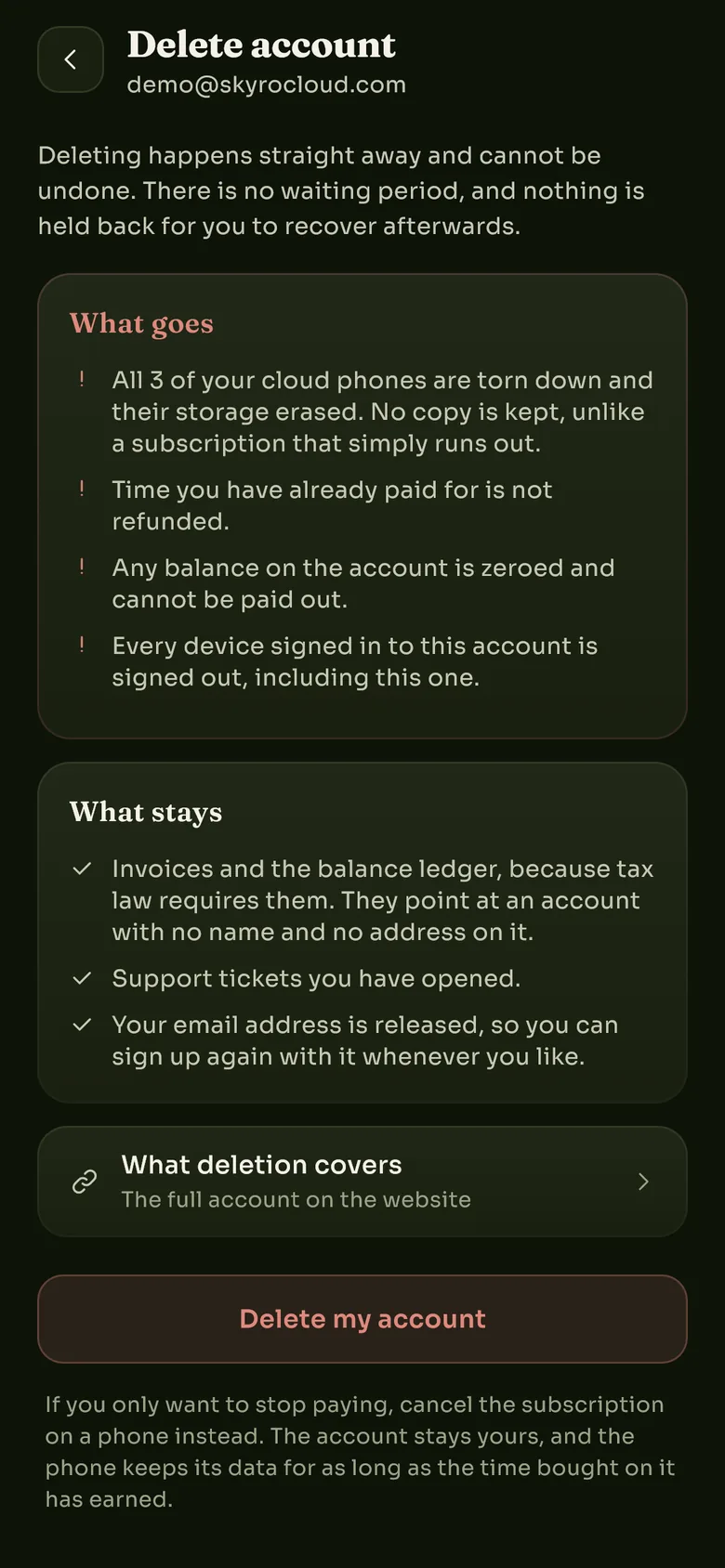 The Delete account screen, listing what goes and what stays for the account it belongs to.