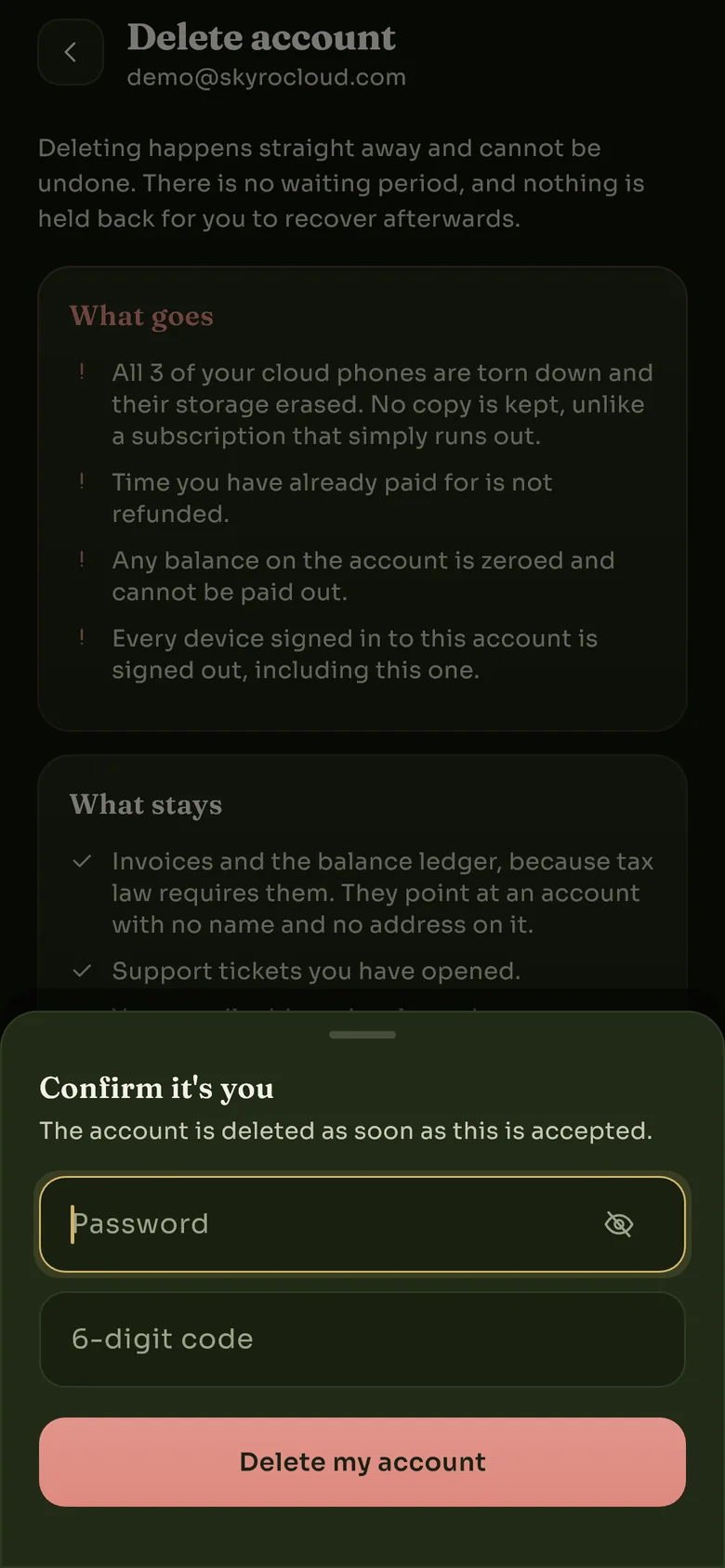 A sheet headed Confirm it's you, asking for a password and a 6-digit code.