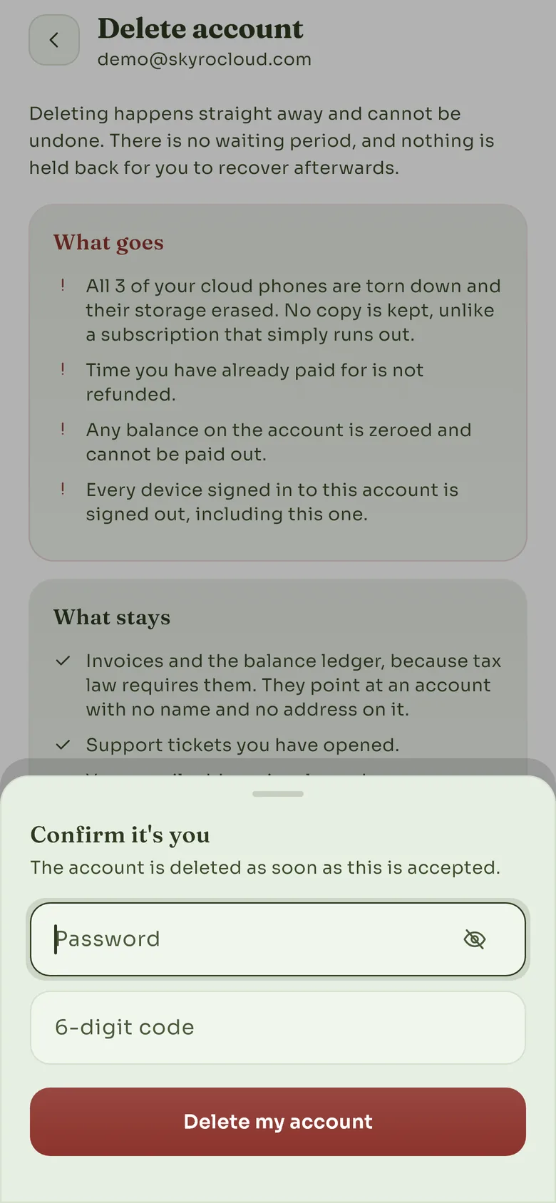 A sheet headed Confirm it's you, asking for a password and a 6-digit code.
