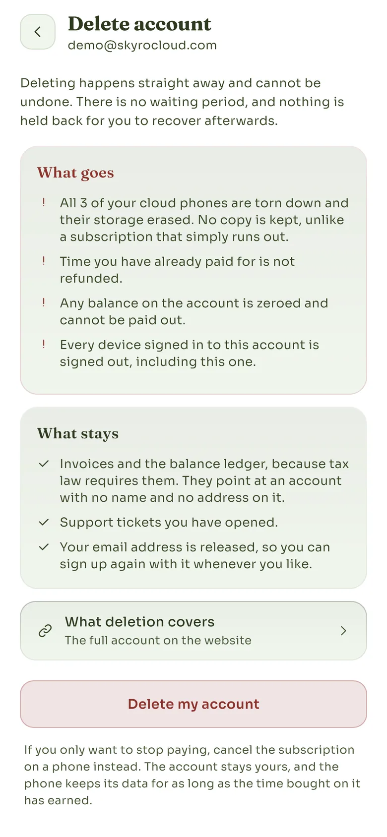 The Delete account screen, listing what goes and what stays for the account it belongs to.