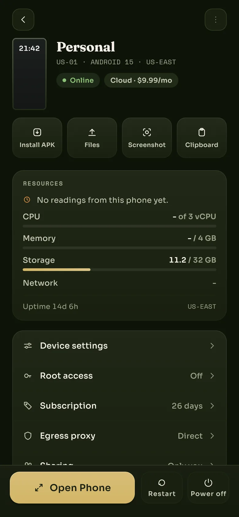 A cloud phone's screen in the app: install, files, screenshot and clipboard buttons, a card of processor, memory, storage and network readings, and rows for its settings, root access, subscription, proxy and sharing.
