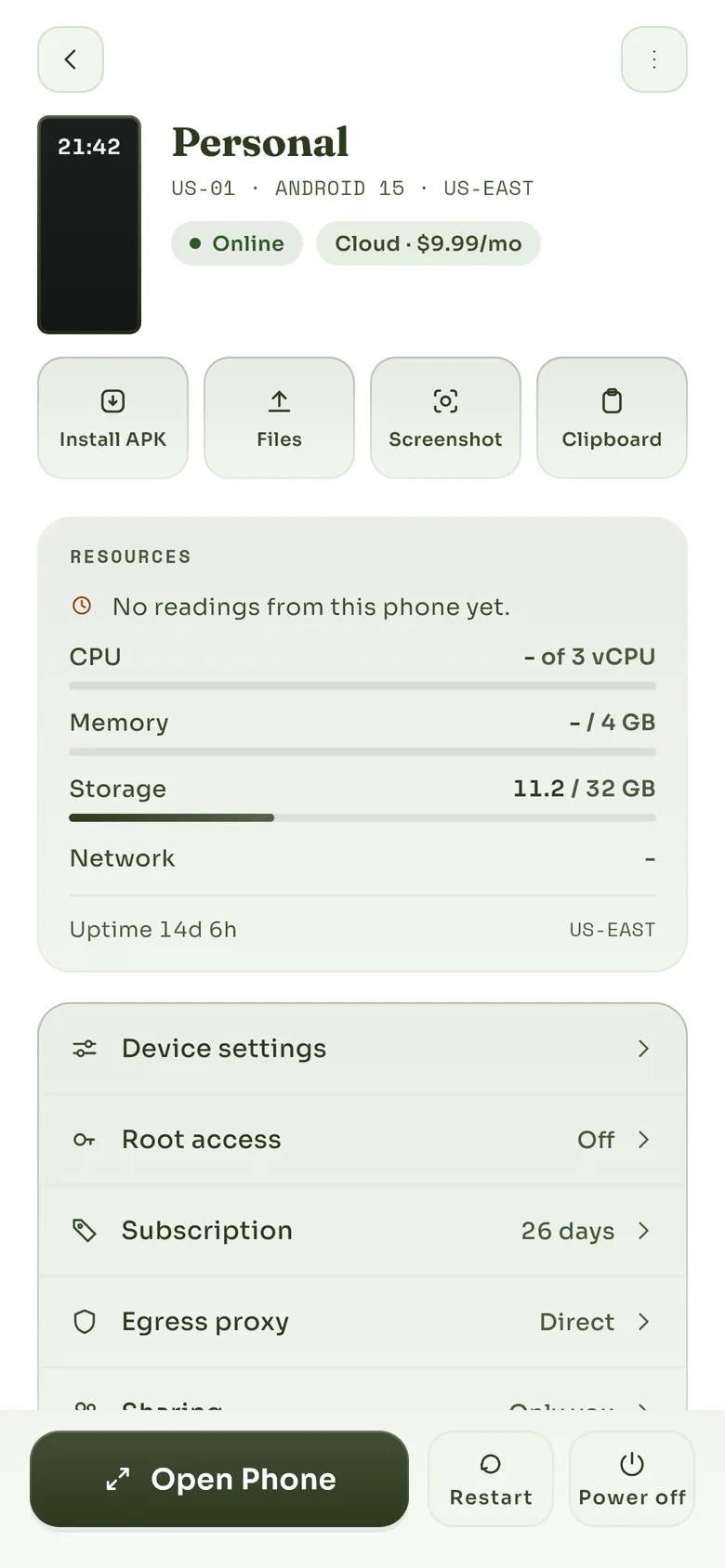 A cloud phone's screen in the app: install, files, screenshot and clipboard buttons, a card of processor, memory, storage and network readings, and rows for its settings, root access, subscription, proxy and sharing.