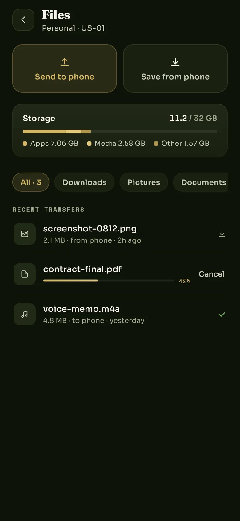 The Files screen for a phone: Send to phone and Save from phone buttons, a storage bar split into apps, media and other, folder tabs, and a list of recent transfers with one still in progress.