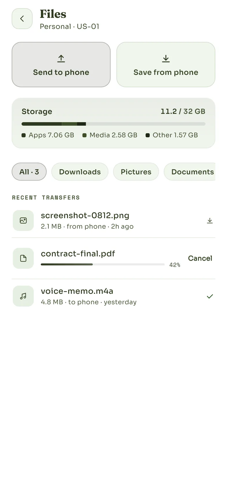 The Files screen for a phone: Send to phone and Save from phone buttons, a storage bar split into apps, media and other, folder tabs, and a list of recent transfers with one still in progress.