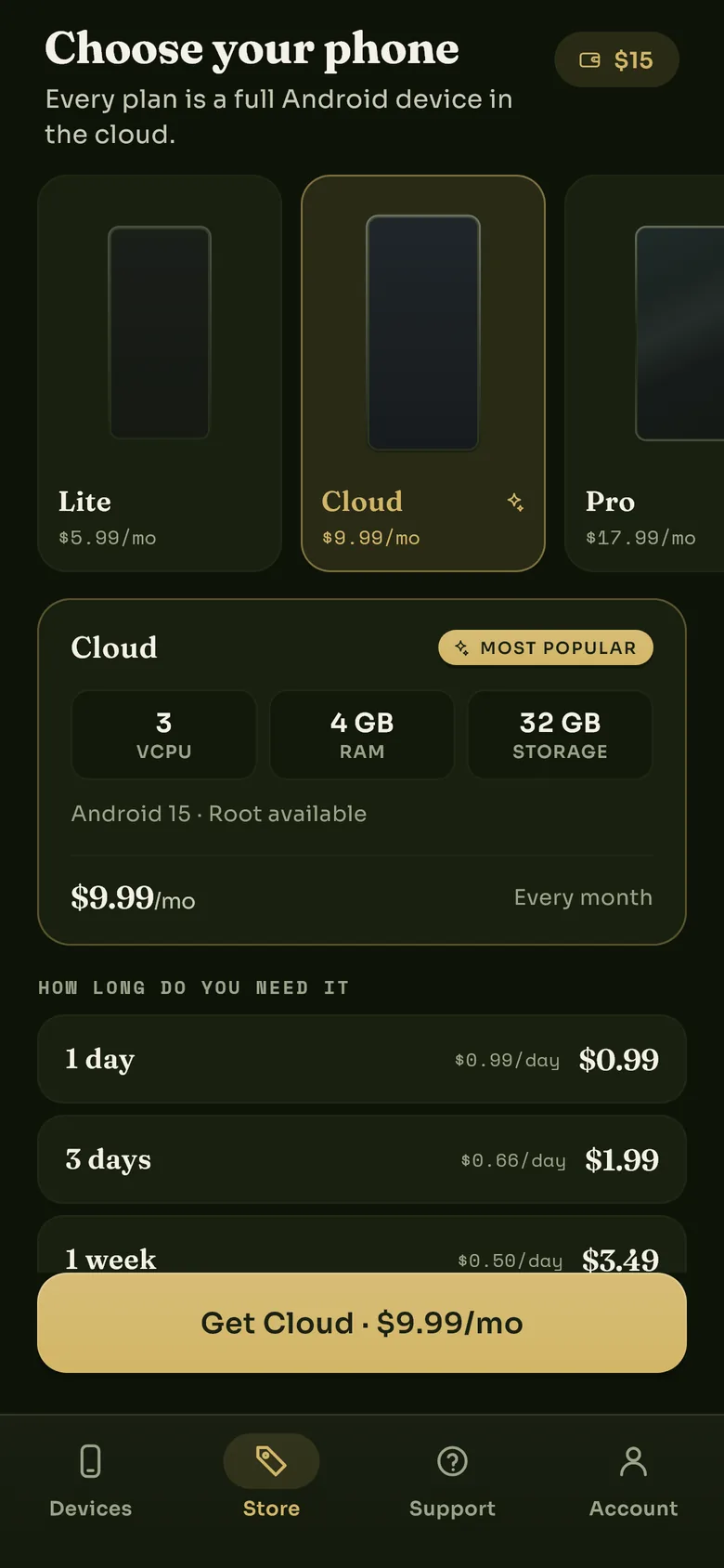 The Store tab, headed Choose your phone, with the Cloud package selected: 3 vCPU, 4 GB RAM, 32 GB storage, and a list of terms from one day upwards.