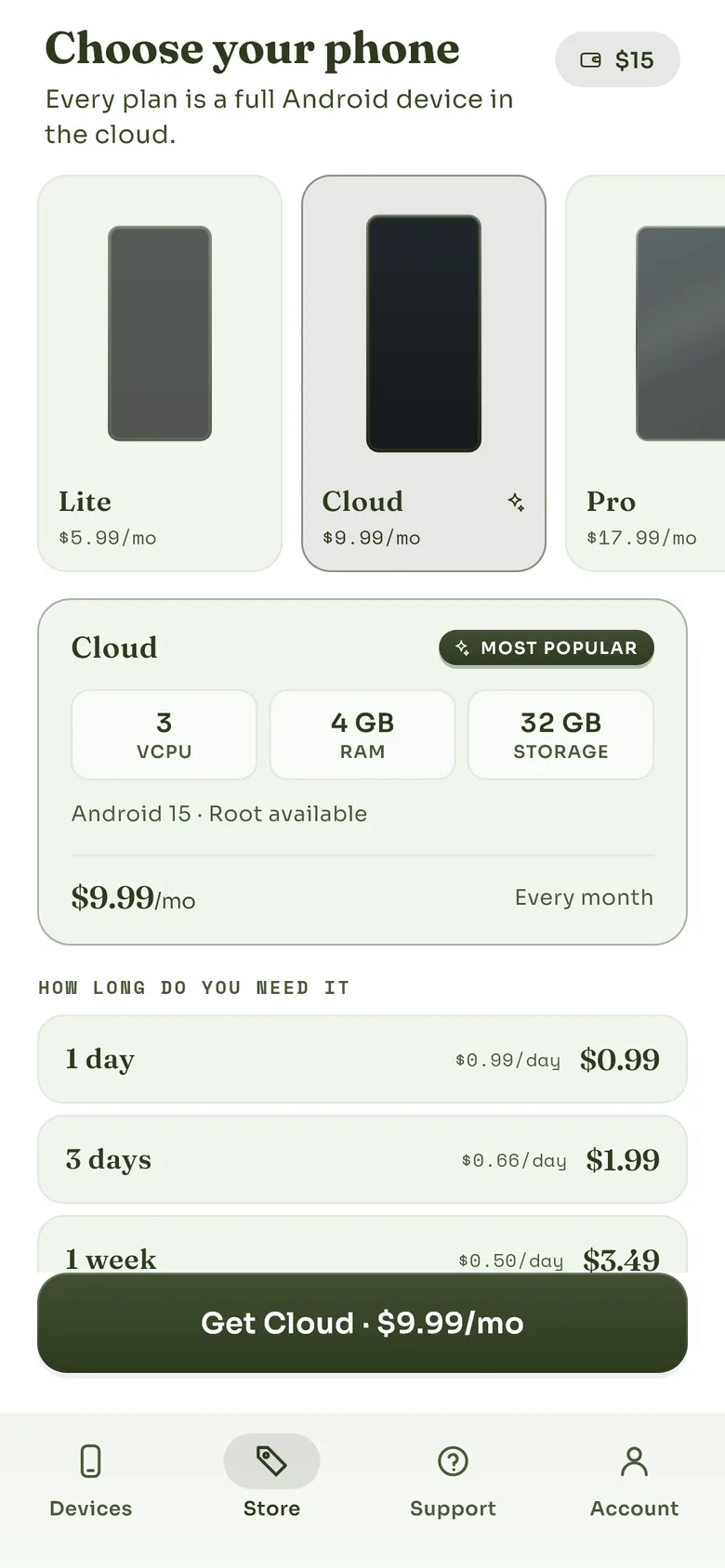 The Store tab, headed Choose your phone, with the Cloud package selected: 3 vCPU, 4 GB RAM, 32 GB storage, and a list of terms from one day upwards.